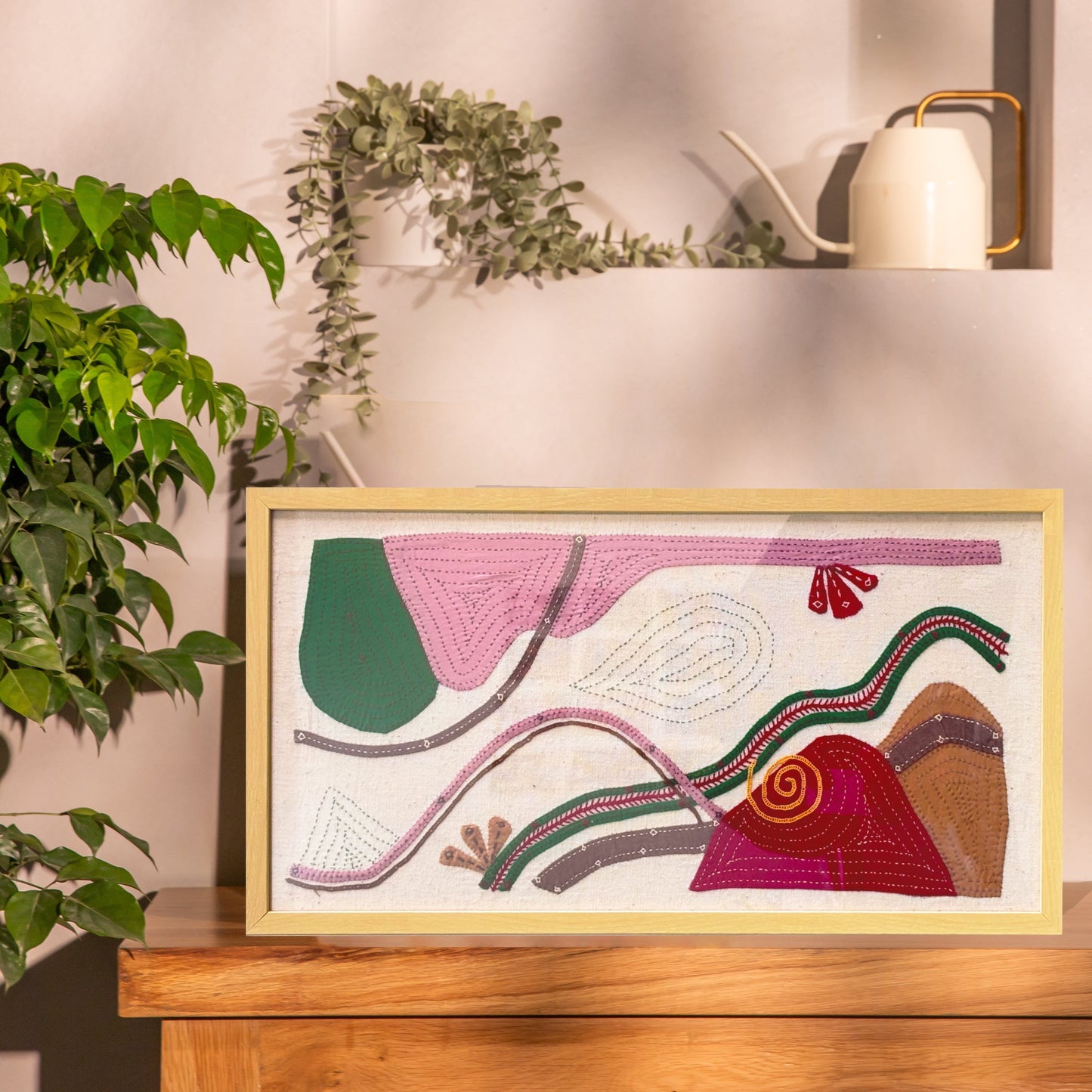 Whimsy Mountain Mosaic Kutch Hand Embroidered Applique Wall Art