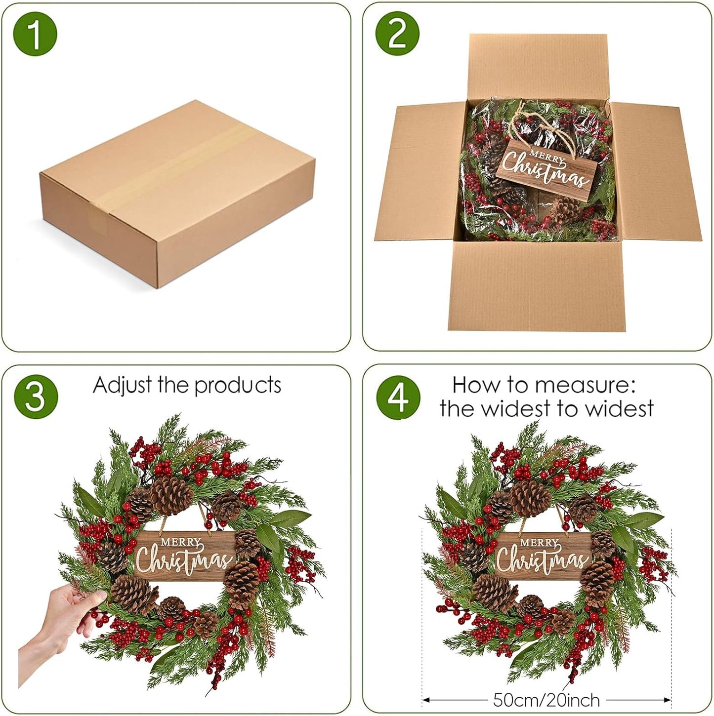 20 Inch Christmas Wreath with Pinecone Berries Christmas Decorations Front Door Wreath for Outdoor Indoor Party Wall Table Home Decor Brown Sign