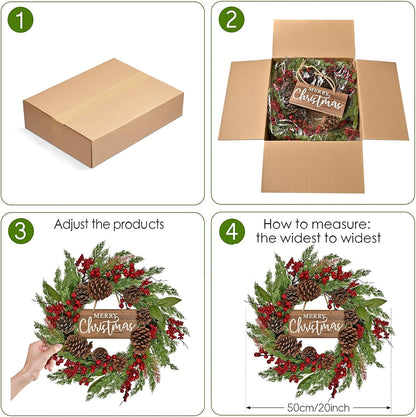 20 Inch Christmas Wreath with Pinecone Berries Christmas Decorations Front Door Wreath for Outdoor Indoor Party Wall Table Home Decor Brown Sign