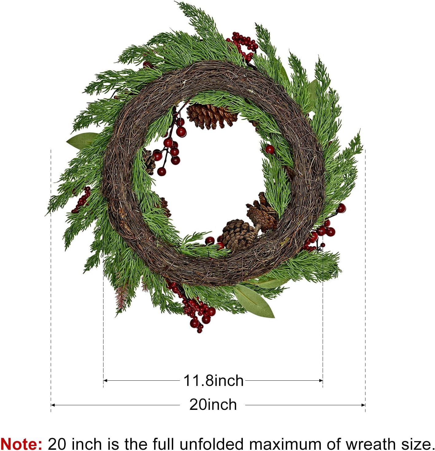 20 Inch Christmas Wreath with Pinecone Berries Christmas Decorations Front Door Wreath for Outdoor Indoor Party Wall Table Home Decor Brown Sign