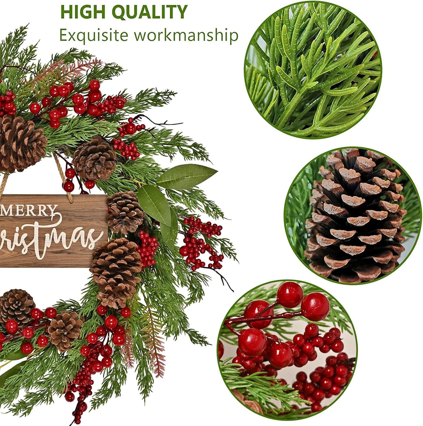 20 Inch Christmas Wreath with Pinecone Berries Christmas Decorations Front Door Wreath for Outdoor Indoor Party Wall Table Home Decor Brown Sign