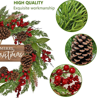 20 Inch Christmas Wreath with Pinecone Berries Christmas Decorations Front Door Wreath for Outdoor Indoor Party Wall Table Home Decor Brown Sign