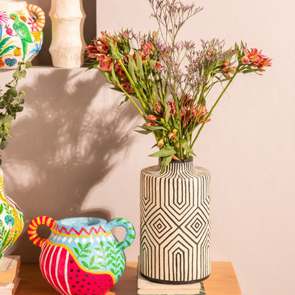 Black Geometric Handpainted Paper Mache Vase