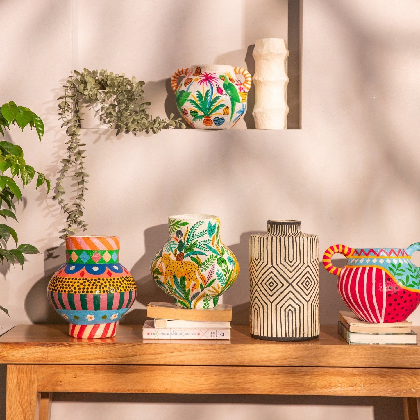 Black Geometric Handpainted Paper Mache Vase